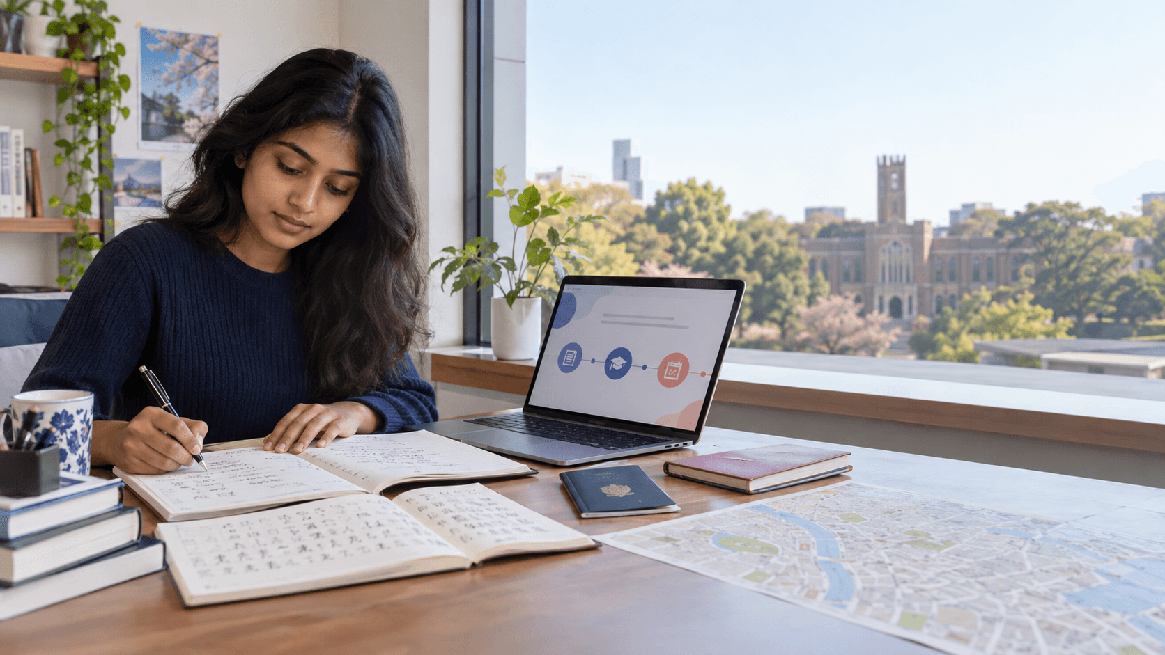 Indian student comparing Japanese language tests for studying abroad at a university planning desk