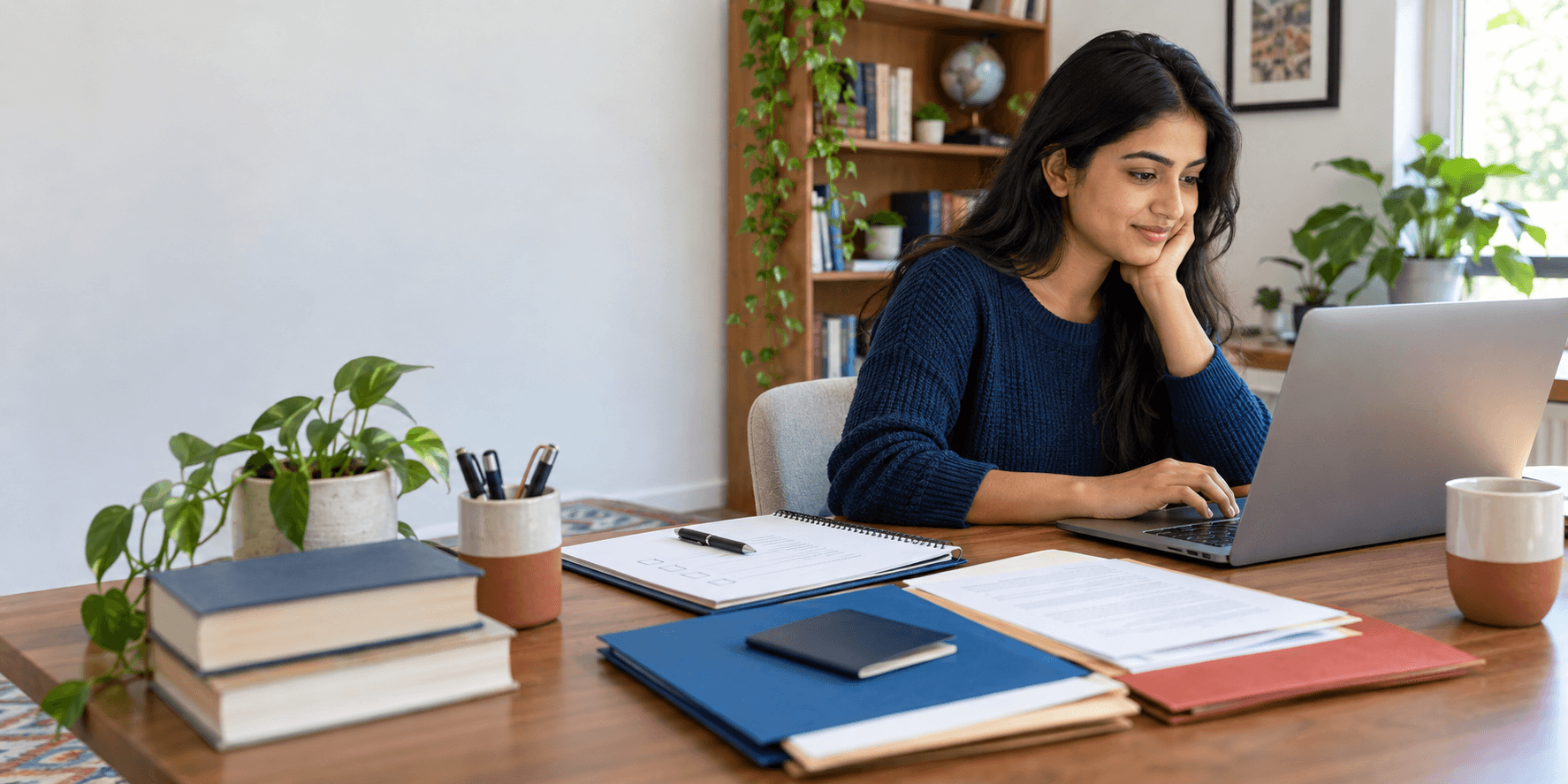 Indian student drafting a scholarship essay independently with application documents