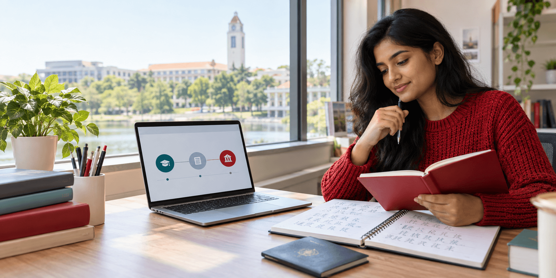 Indian student comparing Chinese language tests for studying abroad at a university planning desk