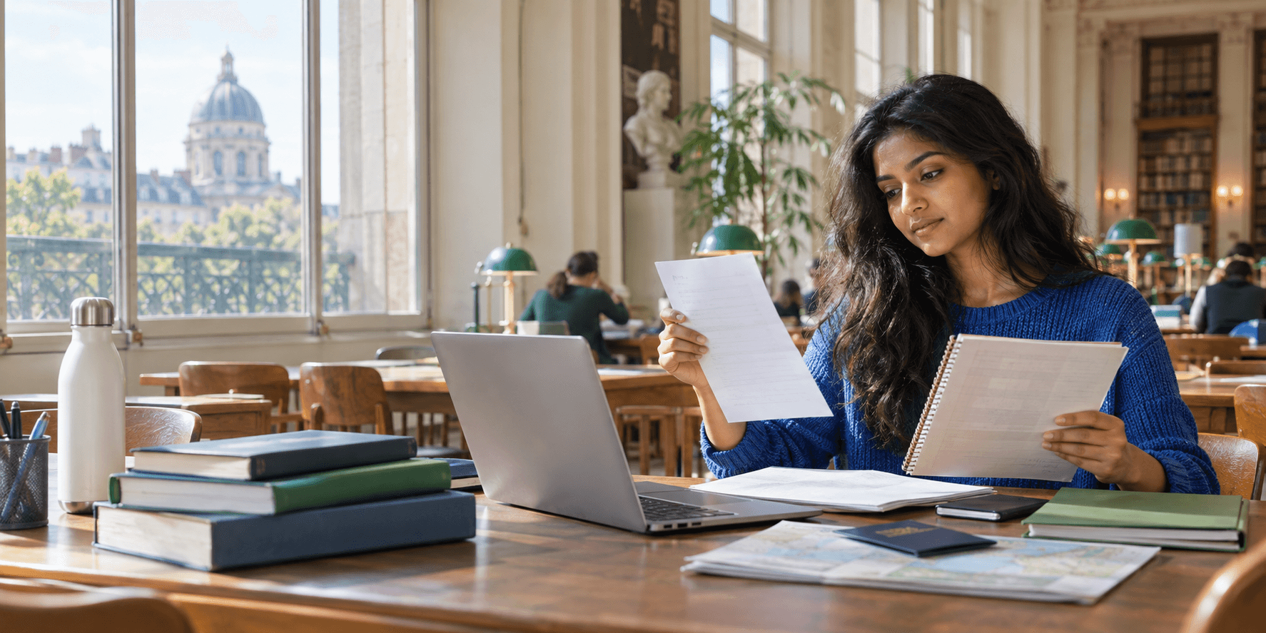 Indian student comparing French language tests for studying abroad at a university planning desk