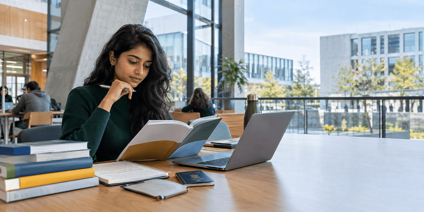Indian student comparing German language tests for studying abroad at a technical university planning desk