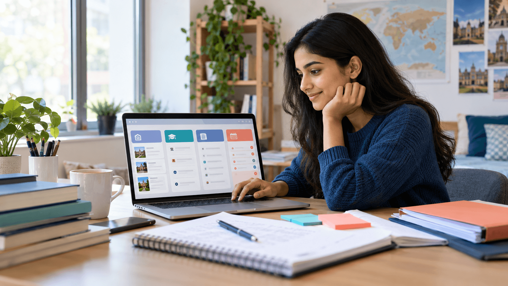 Indian student using digital tools to plan universities scholarships documents and deadlines