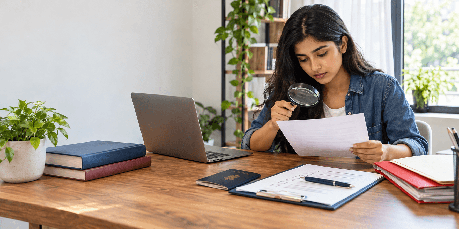 Student carefully checking study abroad documents to avoid scams